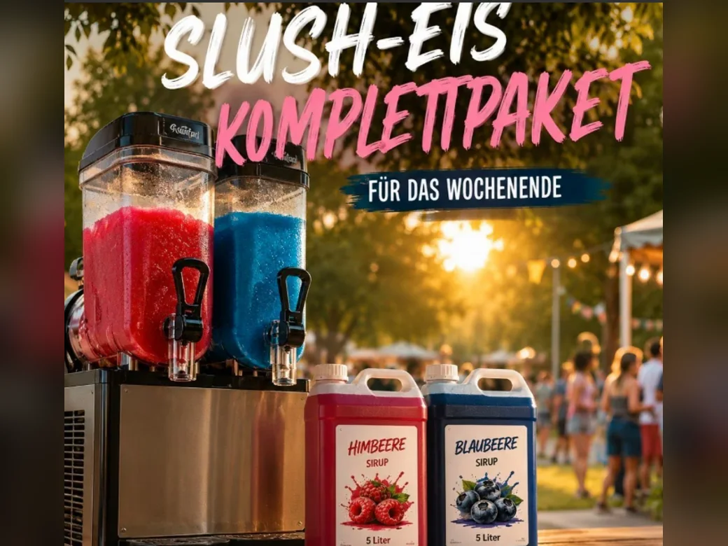 Slush-Eis-Komplettpaket für das Wochenende mit Himbeer- und Blaubeer-Sirup