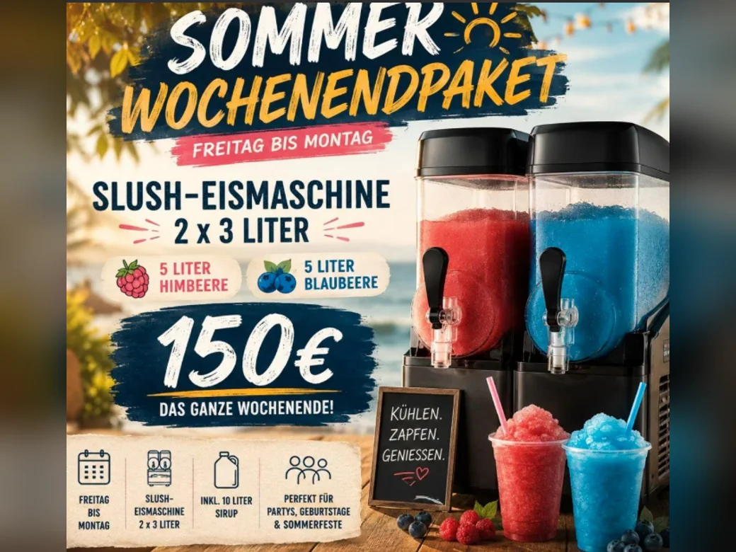 Sommer-Wochenendpaket: Slush-Eismaschine 2×3 L mit 10 L Sirup – 150 € das ganze Wochenende